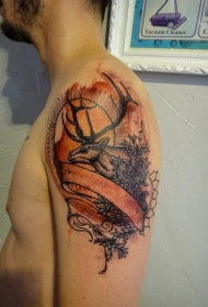 大臂彩色雕刻风格鹿与植物和缎带纹身图案
