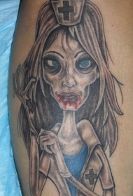 腿部彩色搞笑僵尸护士纹身图案