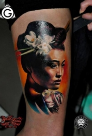 腿部逼真的日式彩色艺伎女子纹身图案