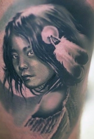 腿部印度女孩肖像纹身图案