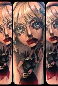 肩部彩色卡通可怕的女孩肖像纹身图案