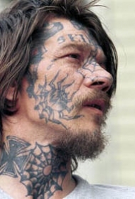 男性脸部和颈部个性蜘蛛纹身图案