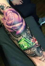 腿部彩色新风格的紫色玫瑰与钻石纹身