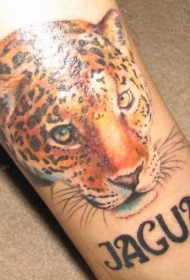 腿部彩色逼真的豹头纹身图案