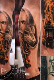 小腿逼真的彩色巫师与狼和燃烧教会纹身图案