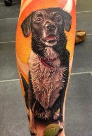 小腿华丽的彩色腿老狗肖像纹身图案