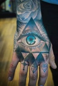 手背神秘色彩的眼睛与三角形纹身图案