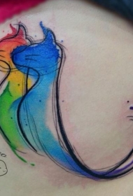 女性腿部水彩色滑稽猫纹身图案
