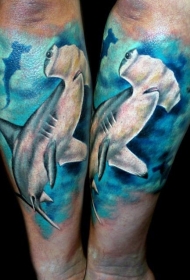 手臂现实主义风格的彩色锤头鲨纹身图案
