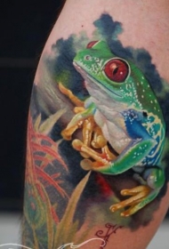 腿部水彩逼真的绿蛙红眼纹身图案