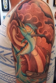 肩部华丽绘色的大钩海洋鱼纹身图案