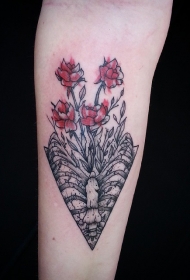 手臂水彩像手绘野生花卉与骨架纹身