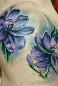 肩部彩色两个大紫茉莉花纹身图片