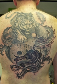 男士背部阴阳八卦老虎和龙纹身图案