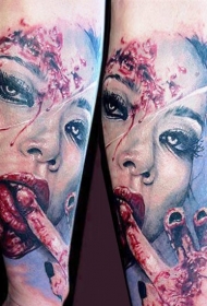 彩色恐怖风格嗜血女性肖像纹身图案