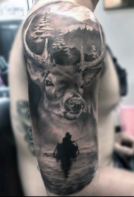 大臂写实逼真的鹿在森林与渔民纹身图案