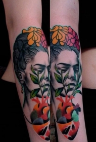 new school彩色手臂妇女脸与鲜花纹身图案