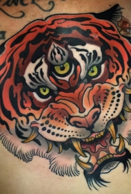 日式彩色胸部三眼老虎头像纹身图案