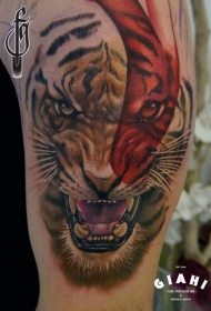 大臂邪恶的老虎头像纹身图案