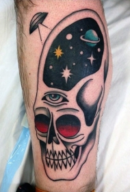 小腿有趣的彩绘骷髅与眼睛星空纹身图案