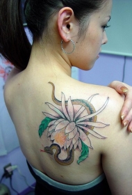 女性背部优雅的花和蛇纹身图案