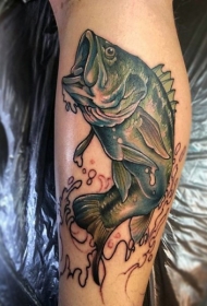 腿部彩色尖叫的鱼纹身图案