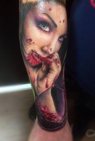 小臂彩色恐怖风格女吸血鬼纹身图案