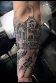 手臂灰洗式黑暗的房子和墓地纹身图案