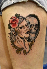 腿部彩色女孩骷髅纹身图案
