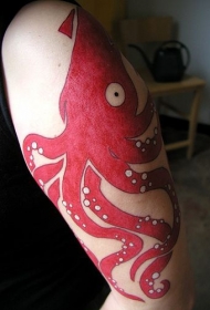 肩部彩色大红章鱼纹身图案