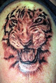 肩部棕色咆哮的老虎头纹身图案