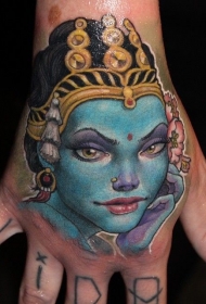 手背插画风格印度教女神肖像纹身图案
