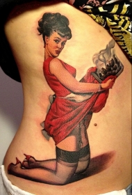 彩绘红裙子女孩纹身图案