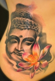腰部插画风格的彩色如来佛祖雕像和莲花纹身