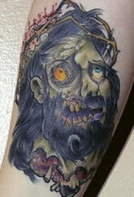 腿部彩色僵尸耶稣头纹身图案