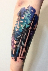 手臂水彩风格黑色的夜间森林纹身图案