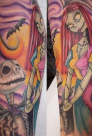 手臂彩色杰克和莎莉骷髅纹身图案