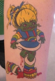 腿部彩色卡通僵尸女孩纹身图案