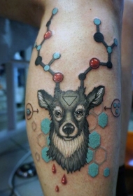 小腿彩色鹿与化学元素纹身图案