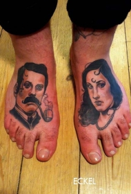 脚背男子和妇女肖像纹身图案