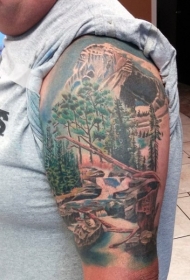 肩部彩色惊人的雪山森林纹身图案