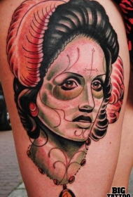 大腿墨西哥传统风格彩色女子肖像与羽毛纹身图案