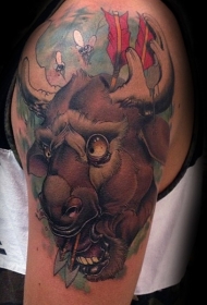 肩部现代风格的彩色麋鹿头纹身图案
