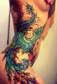 女性腰侧漂亮的孔雀纹身图案
