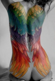 女性背部彩色天使翅膀纹身图案