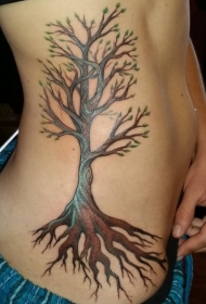 腰侧彩色长根的大树纹身图案