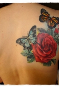 后肩彩色逼真的花朵与蝴蝶纹身