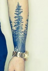 男性手臂蓝色云杉树纹身图案