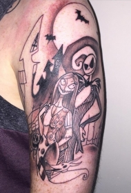 肩部棕色浪漫怪物夫妇与蝙蝠纹身图片