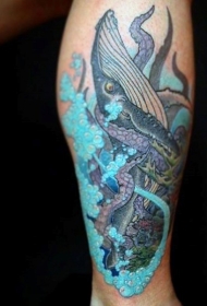 腿部彩色章鱼和鲨鱼纹身图案